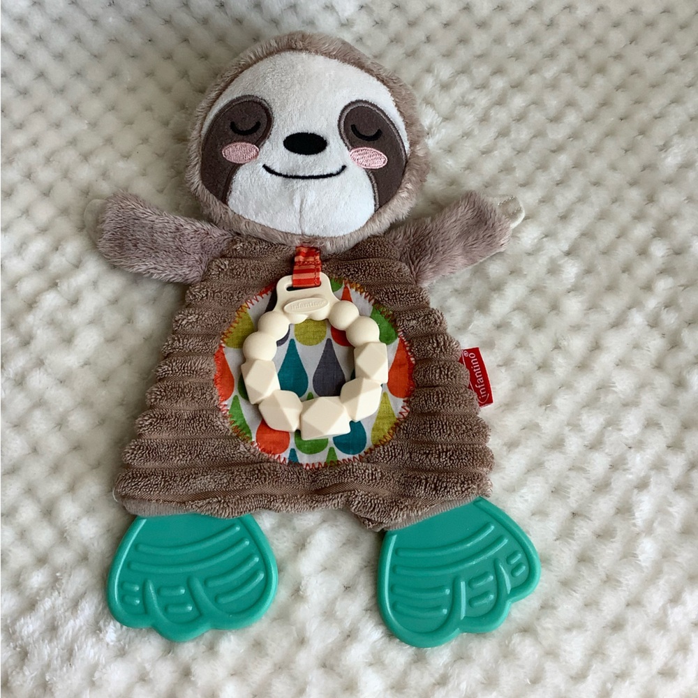 Infantino Brown and Green Sloth Stuffed Animal Crinkle Sensory Teething Toy